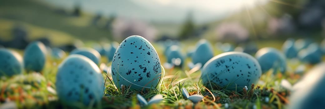 A group of blue eggs are scattered on the grass