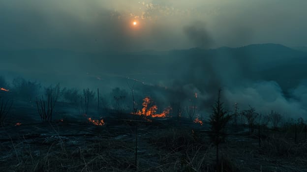 A fire is burning in the distance with a bright sun