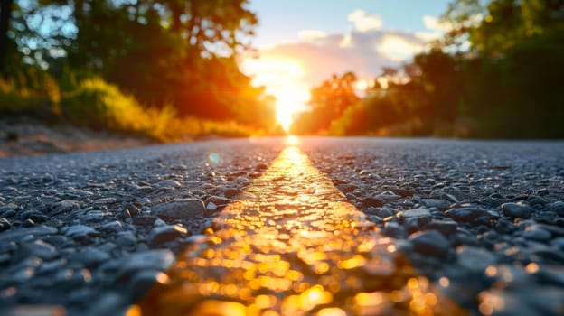 A road with a yellow line and sun setting in the background