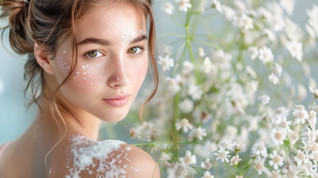 A woman with white powder on her face and flowers in the background