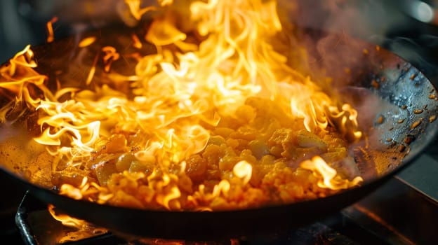 A wok full of food on fire in a stove top