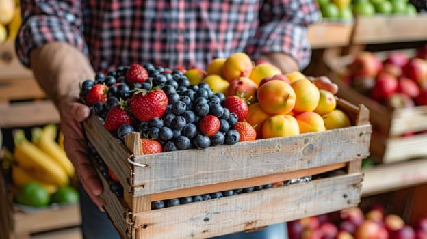 A man holding a wooden crate filled with various fruits