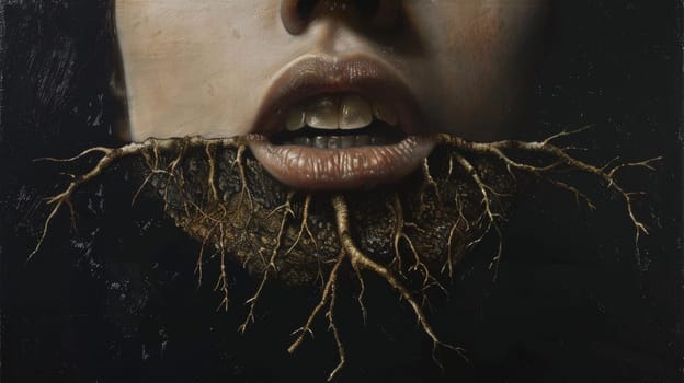 A painting of a woman with roots growing out her mouth