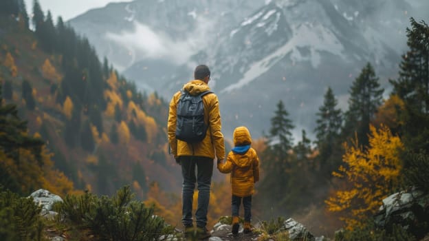 A man and child walking on a trail in the mountains
