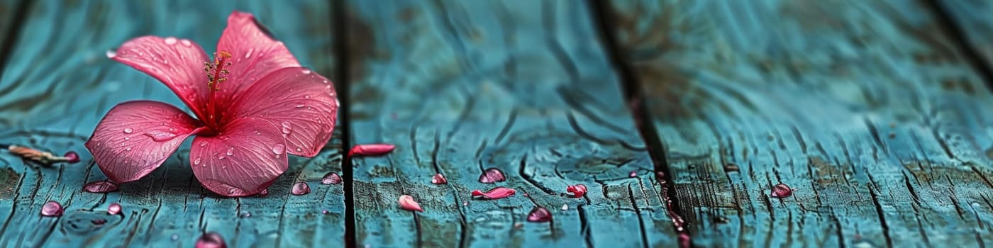 A pink flower sitting on a wooden table with water droplets