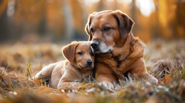 A brown dog laying on top of a golden retriever