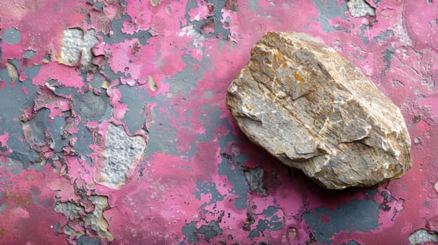 A rock sitting on top of a pink painted wall
