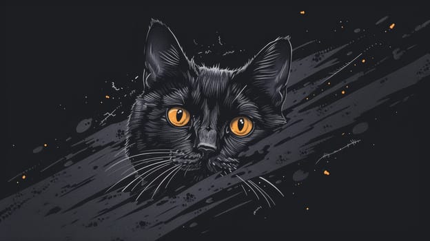 A black cat with yellow eyes on a dark background