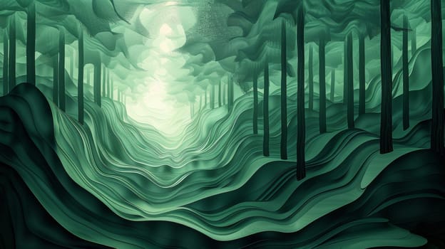 A very artistic painting of a forest with trees and water