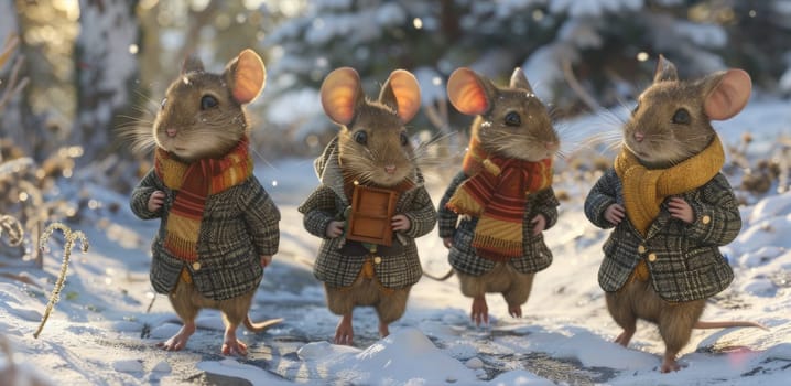 Three mice dressed in coats and scarves walking through the snow