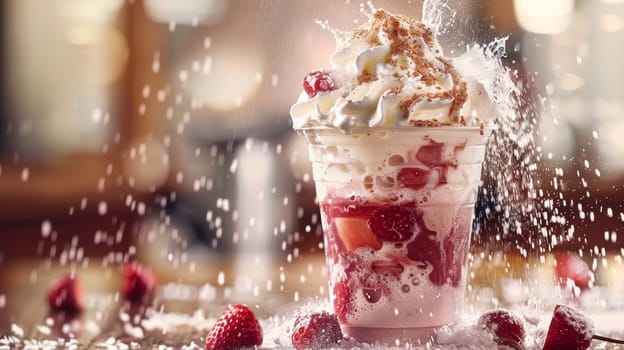 A drink with whipped cream and strawberries on a table