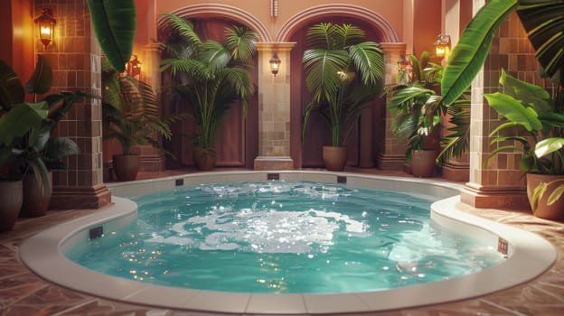 A pool with a fountain in the middle of it surrounded by plants