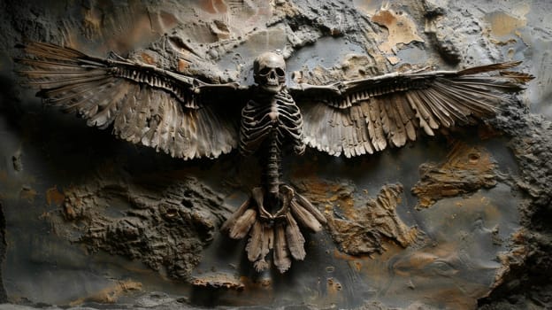 A skeleton of a bird with wings spread out on the wall