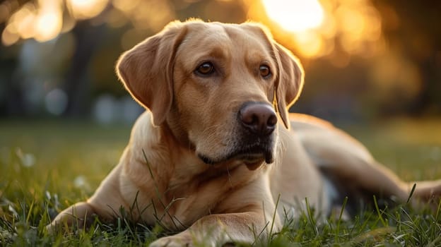 A dog laying on the grass with a sunset in background