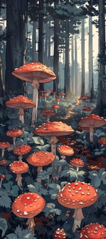 A variety of mushrooms, a terrestrial plant, are flourishing in the heart of the forest. This natural event showcases the beauty of fungus