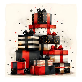 A stack of brown and carmine gifts with bows on a white background, resembling a pattern in an art font. The illustration looks like a painting, featuring toy blocks and Lego bricks