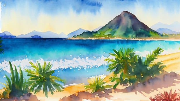 Watercolor tropical sunset landscape with ocean, sandy beach, palms, cloudy sky and mountains. High quality illustration