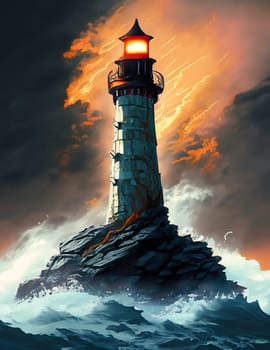 Lighthouse during a lightning storm at sea. Thunderstorm in the sea. Waves crash on rocky shores and rocks. Fantasy landscape. Artistic oil painting. Artwork sketch. Gaming background. High quality illustration