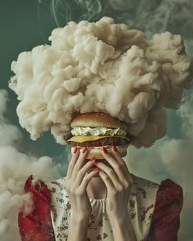 A woman holds a hamburger in front of her face with smoke coming out of her head, creating an artistic gesture resembling a cloudshaped helmet on a happy event