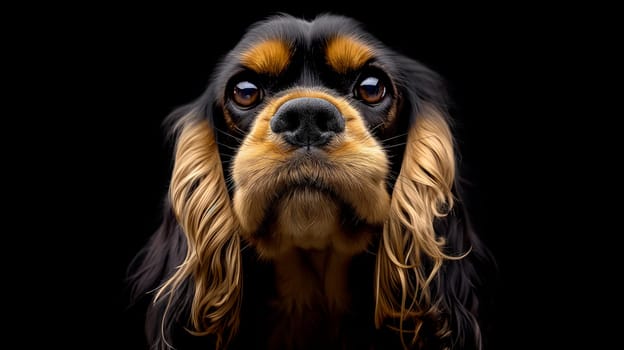 This image captures a detailed close-up of a Cavalier King Charles Spaniel, showcasing its soulful eyes and shiny coat against a stark black background.