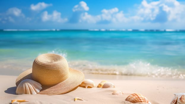 A straw hat rests among scattered seashells on a white sandy beach, with turquoise ocean waters and a clear blue sky in the background - Generative AI
