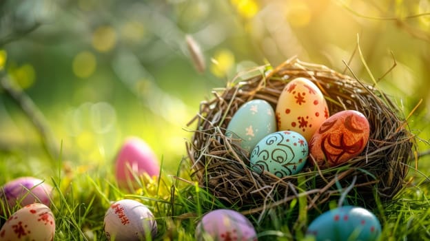 A bird nest with colorful eggs in the grass