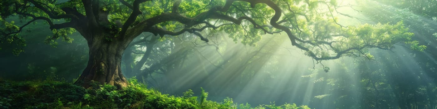 A tree with sunbeams shining through it in a forest