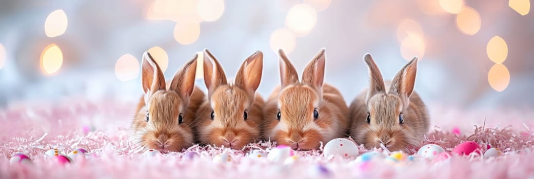A group of three rabbits sitting in a row on pink carpet