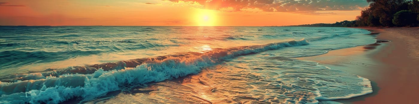 A sunset over the ocean with a beach and waves