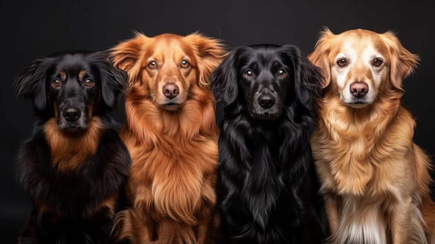 A group of three dogs sitting in a row with black background