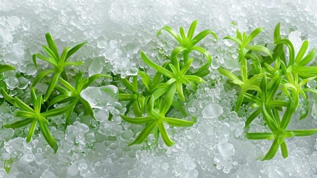 A bunch of green plants are growing in the snow