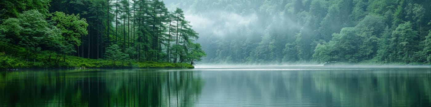A lake surrounded by trees and fog in the distance