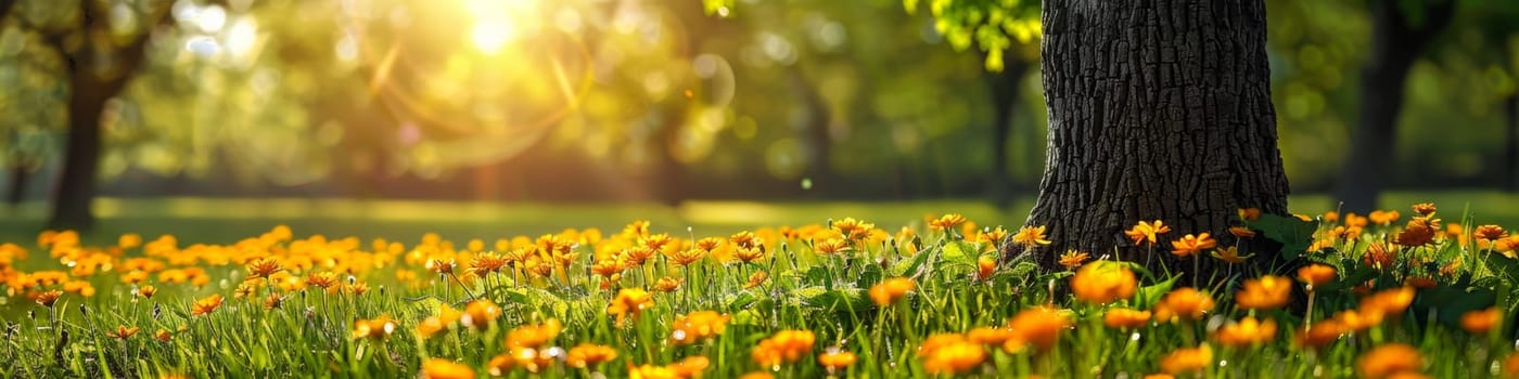 A field of yellow flowers with a tree in the background