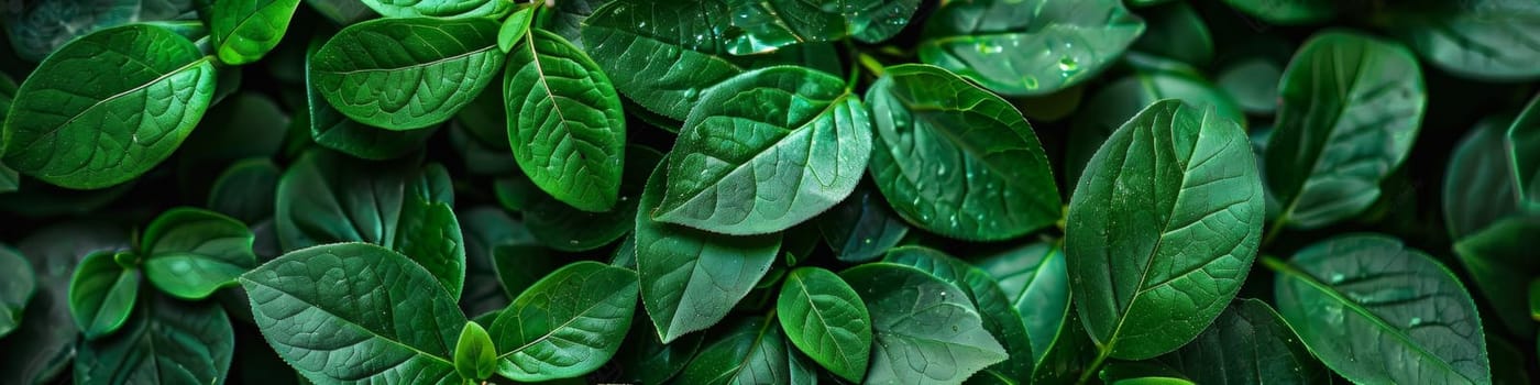 A close up of a bunch of green leaves with water droplets on them