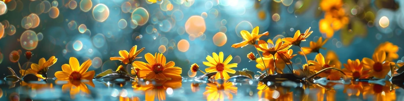 A group of yellow flowers are floating in a pond