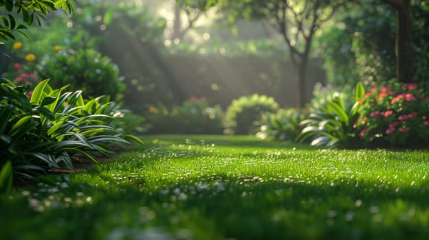 A lush green grassy area with flowers and trees in the background