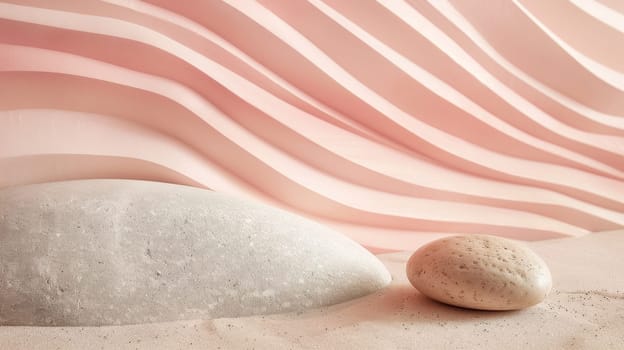 A rock and a stone are sitting on top of sand