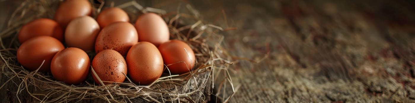 A close up of a nest with eggs in it on top of wood