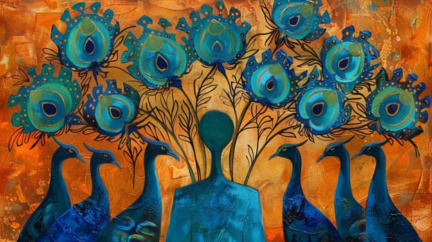 A painting of a woman with blue feathers in her hair