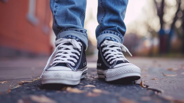 A person wearing black and white converse sneakers standing on a sidewalk