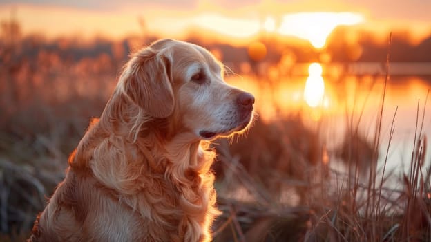 A dog sitting in the grass next to a lake at sunset