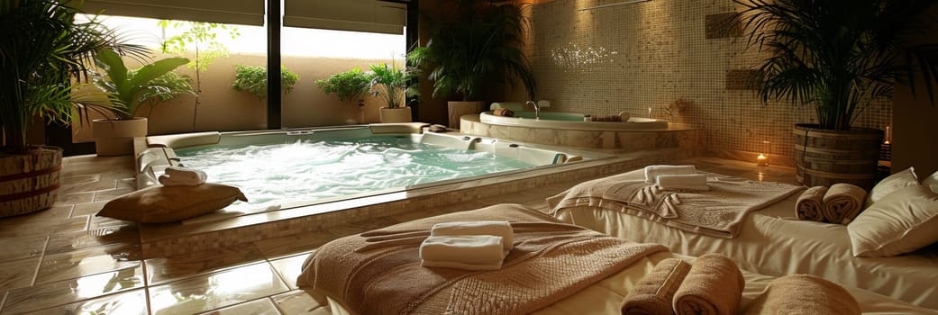 A large jacuzzi tub in a room with two beds