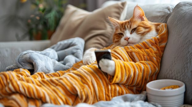 A cat in a yellow and orange striped blanket on the couch