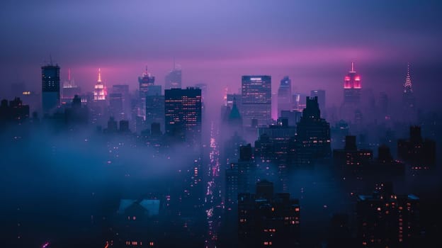 A city skyline lit up at night with fog in the background