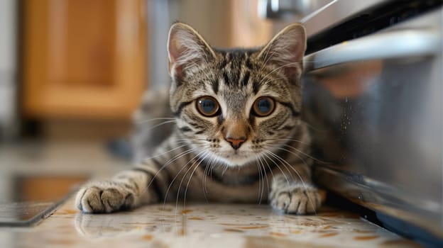 A cat laying on the floor next to a oven door