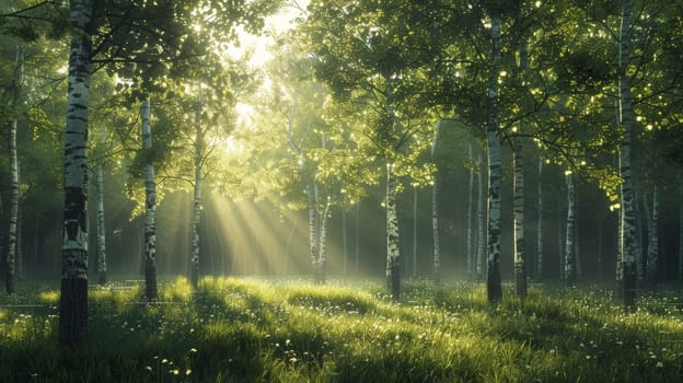 A forest with trees and grass in the sunlight