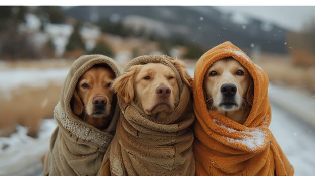 Three dogs wrapped in blankets standing on a snowy road