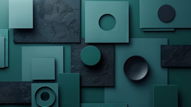 A group of abstract shapes and circles on a green background