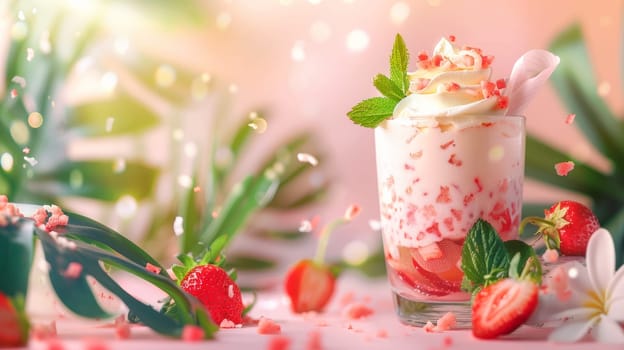 A glass of a milkshake with strawberries and leaves on top