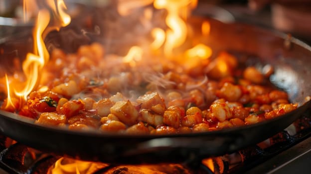 A pan of a skillet filled with food on fire